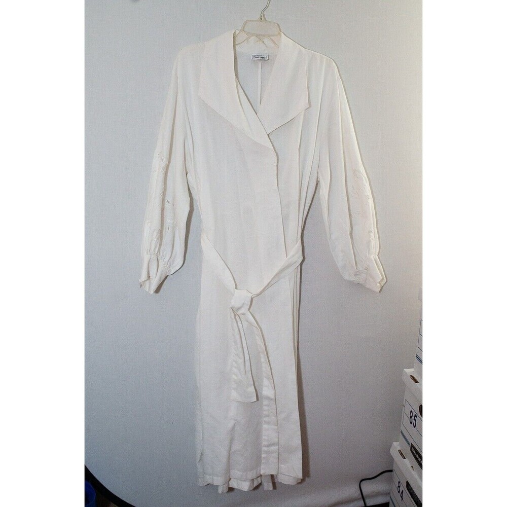 Natori White L womens Robe Y14490 Cotton blend eyelet w/belt